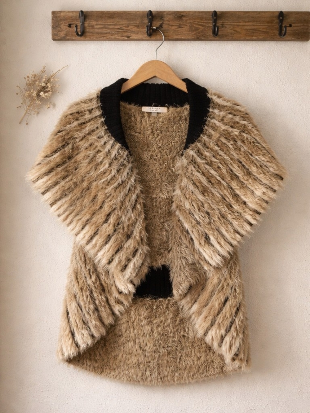 Faux-Fur Shawl Collar Vest in Beige with Black Trim